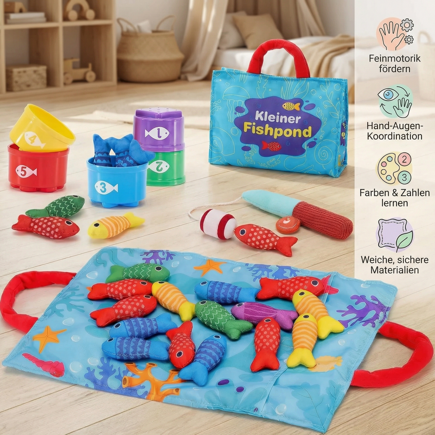 Montessori Plüsch Fischteich Kinderspielzeug